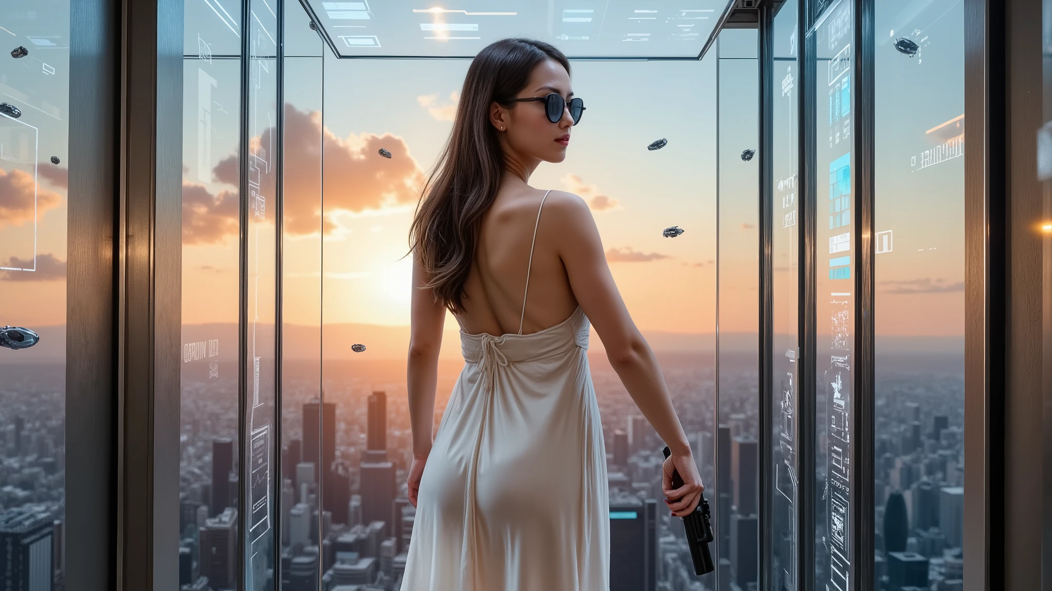 (low angle view). An all-black-glass transparent elevator in the foreground, glass bottom, strong overhead lighting. Flying vehicles, a surreal simple outlined retro metropolis with colorful sunset sky in the background. High-resolution OLED GUI interfaces on the walls, transparent data visualization infographics. At night, (1girl, solo), photorealistic, medium-breast, bottom boob, slim:0.7 body, cleavage, (slim face, wearing a transparent:0.8 ivory sleeveless backless sling deep-v one-piece short cheongsam), glove, (((((detailed G-string , ))))), (Matrix style black micro sunglasses), (aiming the viewer with a short gun), looking back at viewer, (half-body thigh level medium shot in the foreground, cinematic lighting.