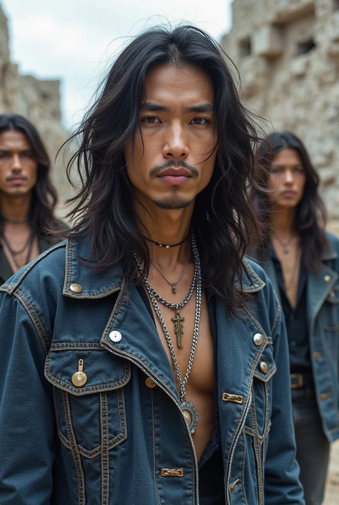 (Best Quality, 8k, Masterpiece :1.3), handsome young man with perfect figure and long hair :1.4, Zhong Li, Zhongli, Dark brown hair, inflated chest, genshin impact, on ruins, in the hands of a spear, Very detailed face and skin, Detailed eyes, Double eyelid