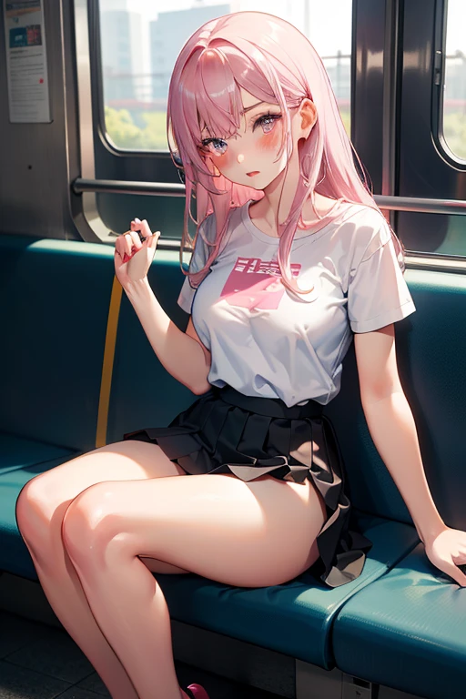 (8k、Best image quality、highest quality、masterpiece)、Detailed face、One girl、Grey Eyes、embarrassed face、((Grin))、huge breasts、((see through camisole))、((see through))、((Plaid skirt))、((open pussy))、sit、spread legs、white buggysocks、shoes、Shoot from below、sitting on the seat,in the train,Nipples,Oppai,fingering pussy,vaginal finger,hand to pussy,touch oun vagina,Exposure, ponytail,pussy juice,wet pussy,cum on face,pink hair,