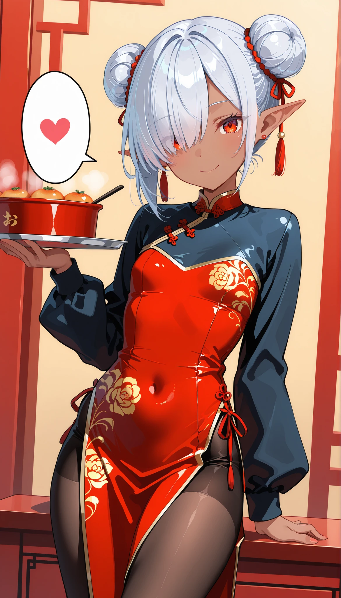 ( masterpiece , best quality , high quality ,8k,) solo girl elf (dark-skin:1.4) . flat-chests. (silver-short-bob-bun-hair. :1.4) (red china dress :1.4) (long-sleeves:1.kirt (apron. :1.4) tights (hair over one eye, bangs, long bangs, :1.4) red-eyes evil-smile speech-heart holding-tray cafe table
