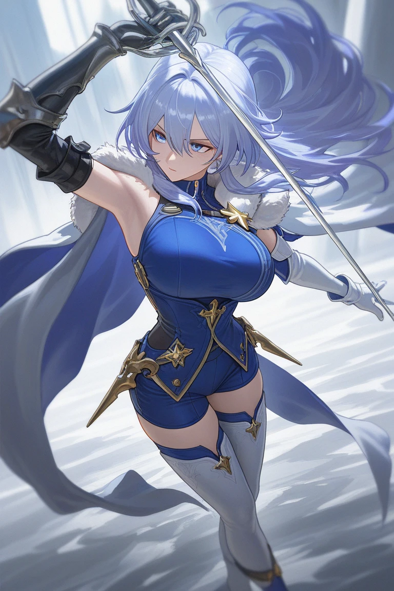 (best quality, In 4K, 8K, High resolution, muste piece:1.2),Super detailed, (Reality, photorealistic, photorealistic:1.37),30 year old woman,ripe woman,Mature woman,((Inside a castle),muste piece, Top quality, Ultra-fine,maximum resolution, Extremely detailed, ((Armor,white panties,holy knights,thigh high socks,huge breasts,cleavage,groin,bottomless)),Cord,long blue hair,Seductive thighs,standing,blade in hand,from below