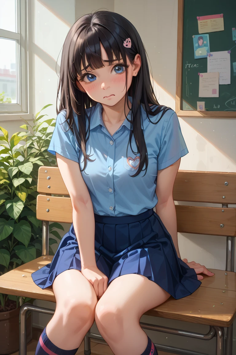 top-quality、hight resolution、ultra-detailliert、masterpiece、Raw photography:2、realisitic:2、Photorealsitic:2、extremely delicate and beautiful、finely detail、Textured skin、1girl in、japanes、 (Solo)、(Chest Up Shot)、18-year-old 、(Sitting on a school chair by the window)、She's looking at this、Sunset hits、(Super beautiful girl:1.5)、(A detailed face)、Adult face、Bare legs、Black hair、(White short shirt and grey short shirt)、highschool、crass room、School Desks and Chairs