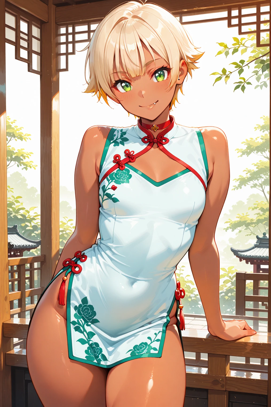 (masterpiece,highest quality,超A high resolution),Japanese women, (((Very beautiful 18 year old girl))), pretty girl、Look at the photographer､ ((Beautiful blonde bob hair)), Very cute face, Glossy Lips, Double eyelids on both eyes, blue eyes, Natural smile、 Natural Makeup, Long eyelashes, Shiny and smooth hair､Center image, Perfect limbs, Perfect Anatomy,(((Shiny Chinese Dress　white panties))),Bite、Streaks are visible、Wet with sweat,Cowboy Shot,