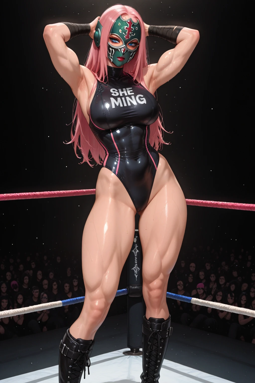 full body photographed、(highly detailed:1.2) ,ultra-detailed,top-quality,hight resolution,Female professional wrestler pro wrestling shoes Knee pad elbow pad Professional Wrestling Ring three ring rope 1mature woman solo light brown hair Drooping eyes big breasts highleg whiteleotard Muscular mature face long hair standing
