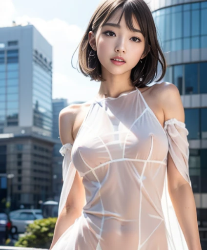 NSFW, 1girl in, (Well-formed face), ((Mini dresses in light colors)), ((The skirt is rolled up)), ((skirt rift)), (white panties), ((You can see all the panties)), ((showing panties)), (Emphasis on the buttocks), (The skirt is flipped up in the wind), facing back, The costume is sheer, de pele branca, slender, Small buttocks, beauty legs, small tits, Sunnyday, train station stairs, Wet, Dark hair, I have bangs, short-hair, 二重まぶた, Smiling smile, ((Angle looking up from bottom)), Draw from the knee up, surrealism, Cinematic lighting, depth of fields, One-person viewpoint, F/1.8, 135 mm, canon, nffsw, masutepiece, ccurate, Anatomically correct, Textured skin, Super Detail, high details, High quality, awardwinning, Best Quality, hight resolution, 1080p, 4K, 8K