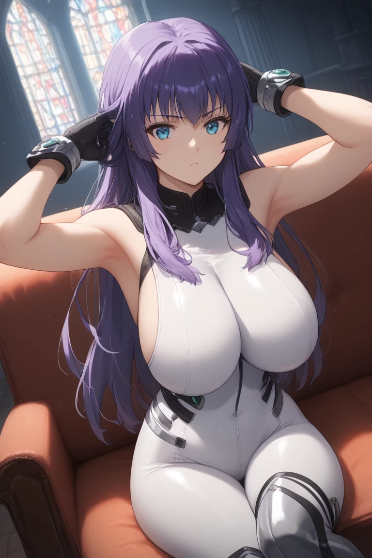 Cyberpunk themed, really sexy anime girl, wearing white and black sweatpants, and also wearing a black half cut tank top with a pink push-up bra underneath, she has green eyes, and she has a perfect body, and in a happy mood, she also has blue and purple hair, collosal tits, She is very lustful as well