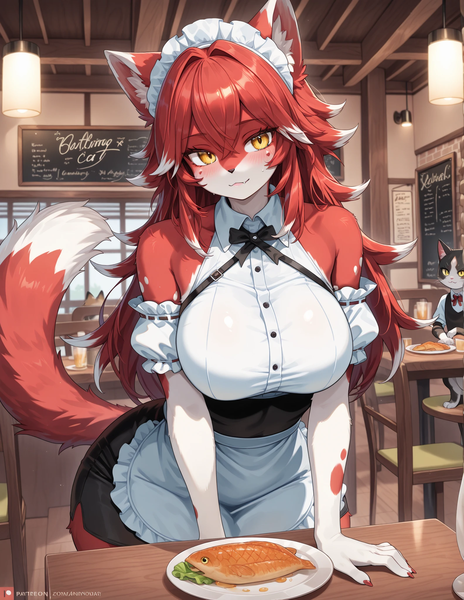 A playful, curvy and seductive Kemonomimi Maid with fox ears and tail. Its fur is lush, fiery red, and its eyes are a captivating, crystalline gold. She specializes in cooking and entertaining and is known for her delightful sense of humor.