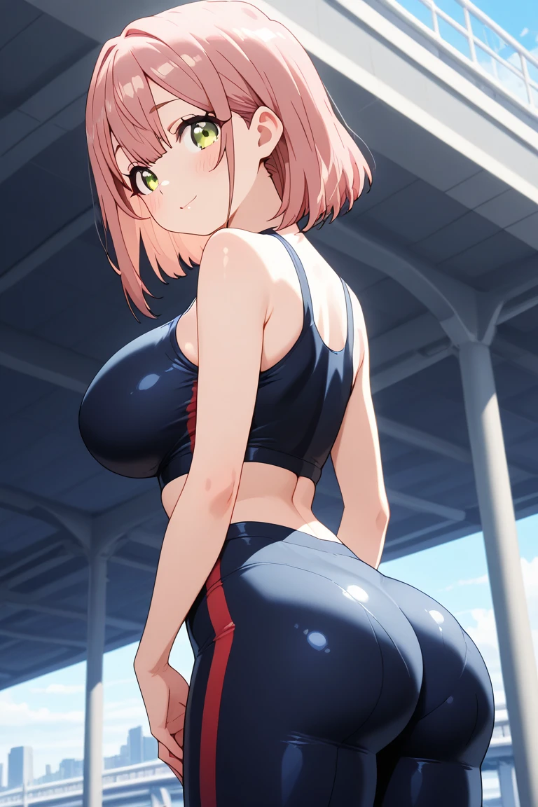 ((1girl)),((alone)),nobara kugisaki,(masterpiece), (best quality), (ultra detailed), (best illustration), (best shadow), (absurdities), sharp focus, cowboy shot , looking at the viewer, dynamic posture, 18 years old, short hair, orange hair, brown eyes, mole below the outer edge of the eye, large breasts, narrow waist, wide hips, wide thighs, round butt, (sleeveless, short blue jacket dark, open jacket, bare waist, navel, white sports bra, cleavage, collarbone, black yoga pants, thigh gap, thick thighs, black pants, hand on hip, seductive smile, black pantyhose, (sexy pose:1.2) , alone,standing:1.2, exterior,cityscape, japanese city,streets, dusk, looking forward, ((focus on hips), pov (from middle) expression would be, red blush, perfect ???????, perfect hands