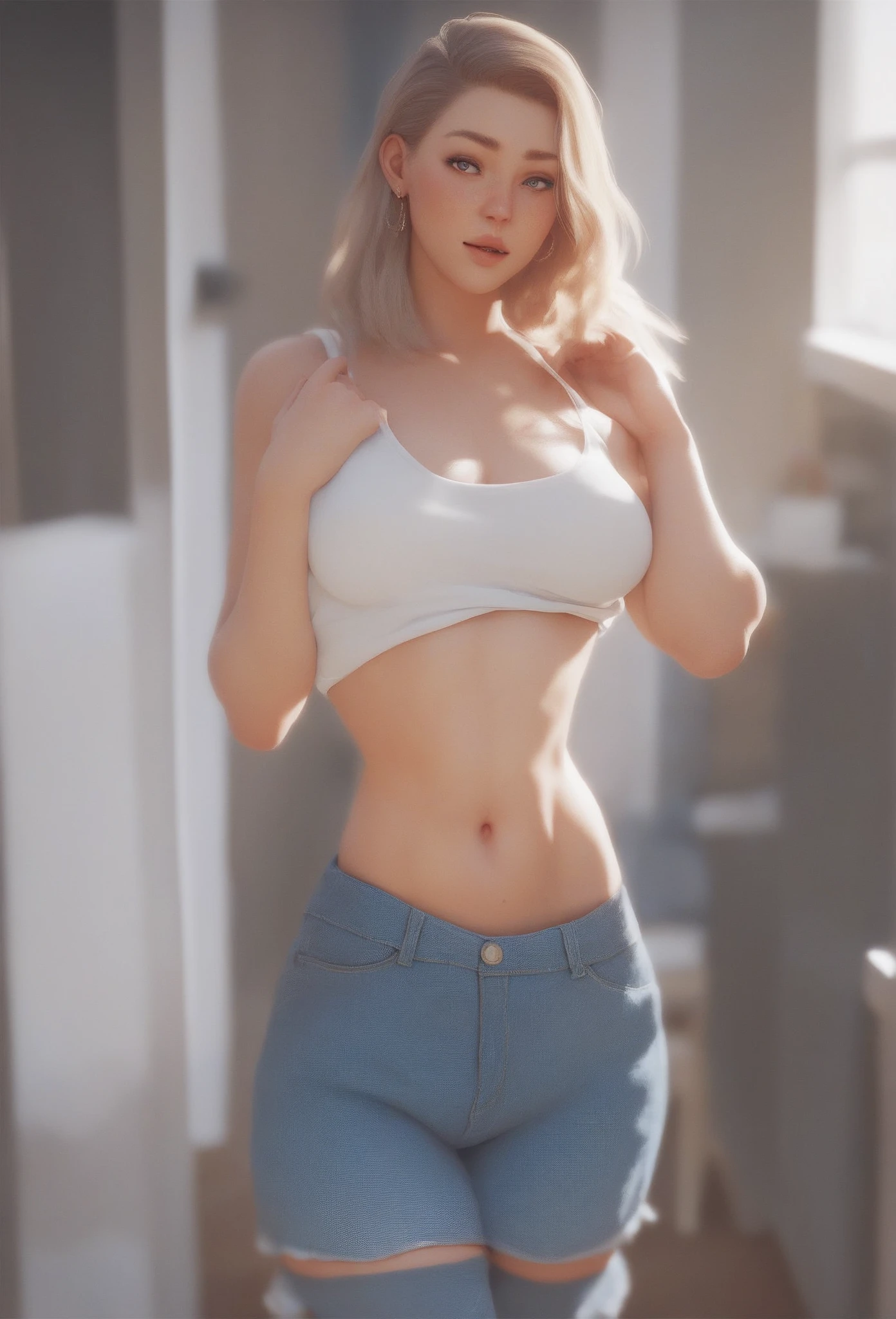 1girl、solo、breasts、bigbreasts、blush、covered_nipples、buruma、silver_buruma 、Wearing silver bloomers、Wearing silver panties、large_breasts、rating:questionable、medium_hair、wavy_hair、semi-long_hair、looking_at_viewer、kaiou_michiru、MILF、shirt、blancheTThe shirt、White gym shirt、shortsleeves、short_sleeves、white_T-shirt、erection_nipplesgreen_eyes、arms_behind_back、standing、green_hair、indoors、classroom、mature、A MILF、aunty、age 40s、blue_eyes、blurry、cowboy_shot、aqua_hair、nose_blush、collarbone、thigh_gap、shiny、sweat、bare_leg、