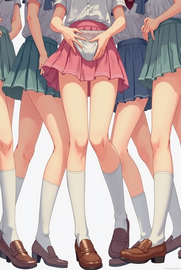 from left to right girls line up in panties, colours from left to right blue red pink purple yellow green, close up of panties, cute panties, orange panties, brown panties, white panties