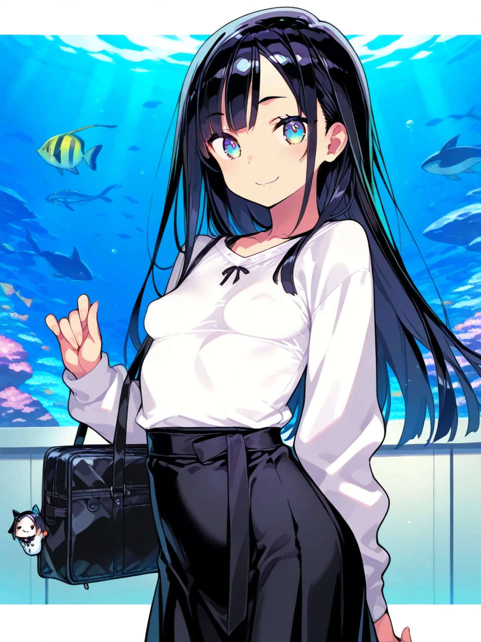 (1) A woman is sitting on her knees、Light blue pants are visible.
(2) that woman has long black hair.
(3) The woman is wearing a white V-neck knit, black miniskirt and long boots.
(4) The woman's expression is a smile.
(5) Cleavage in women is visible.
(6) The place is an aquarium.