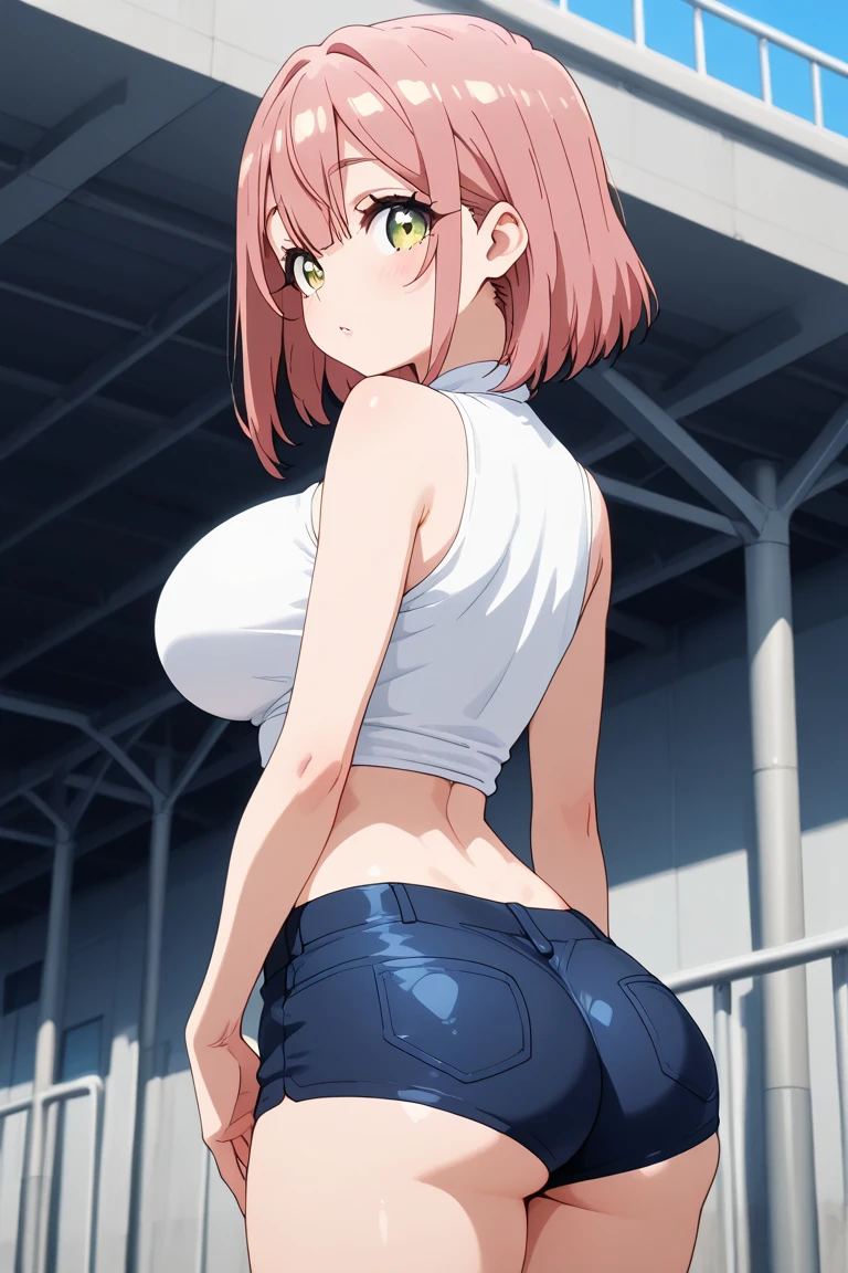 ((masutepiece, Best Quality, hight resolution, nffsw, Perfect Pixel, depth of fields, 4K, )), 1girl in, Solo, , Beautiful anime girl, Beautiful Art Style, 
very low view angle:1.3, view from below:1.5, sky from below:1.5, gallery background, standing:1.5,
Perfect body, smile face:1.5, medium cleavage:1.5, Looking back:1.5, show ass:1.5,
Yuigahama Yui, Hair bun, short hair, large breasts, short blue jeans:1.5, black tshirt:1.5, 

Full face blush, black knee socks:1.5, red converse:1.5, red face, 
straight on:1.3, medium shot