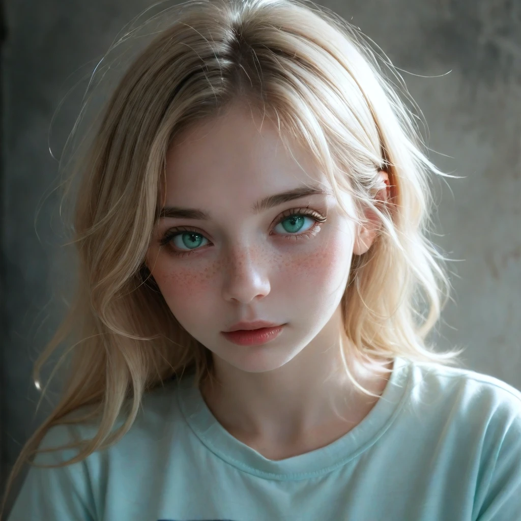 1Girl 18 years old, nur, Lange Haare, midsize , Blick auf den Betrachter, blondes Haar, nackte Schultern, braune Augen, Schmuck, full entire body, Halskette, schulterfrei, pullover, lips, realistisch, Nase, Flirten mit der Kamera