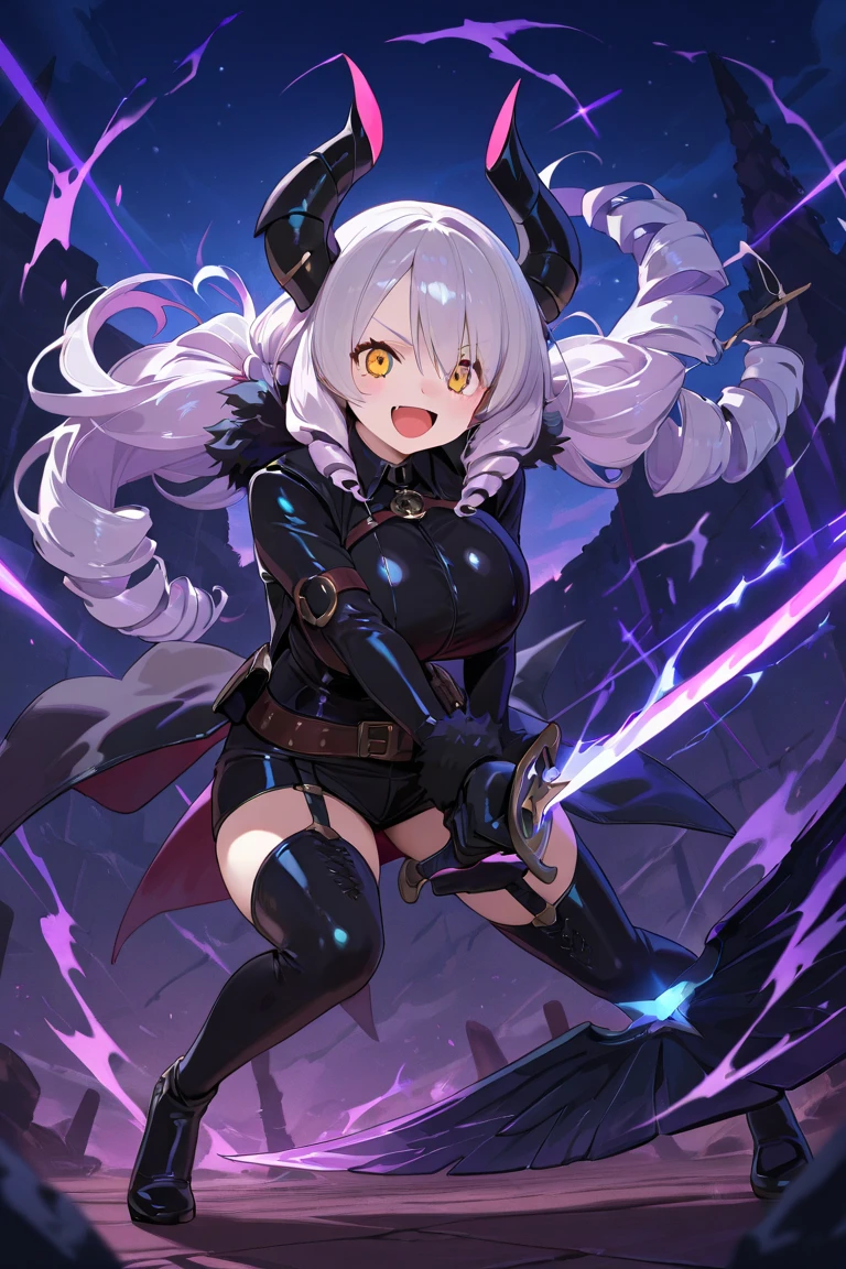 League of legends character riven in venom suit, white hair, yellow eyes, black suit, black bunny suit, venom suit, looking to the camera, smile, holding the camera, sexy body, tongue out, hentai face, hentai expression, hentai tongue, holding big sword