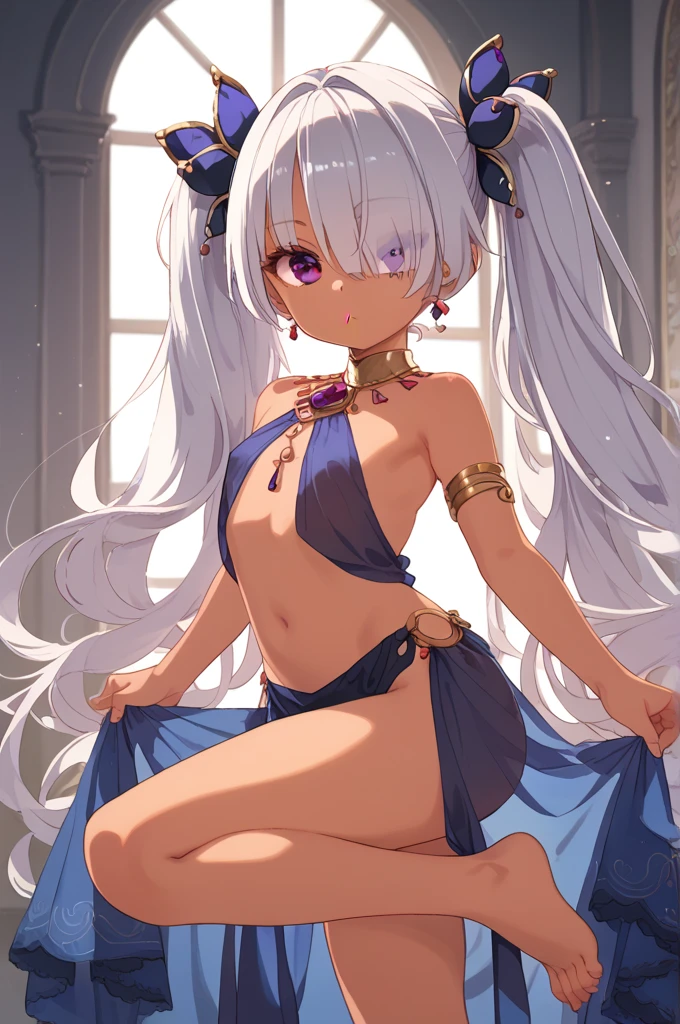 NSFW,masterpiece,Highest quality,High resolution,Very detailed,Girl,Silver Hair,long hair,Golden Eyes,Small breasts,Short height,goddess,God,A dazzling silk long dress,arabic costume,gem,Decoration,Temple of the Night,altar,Your sleeping quarters,Starry Sky,Ancient,Seduce,Sexy pose,Lustful face,Embarrassed,blush,Drooling