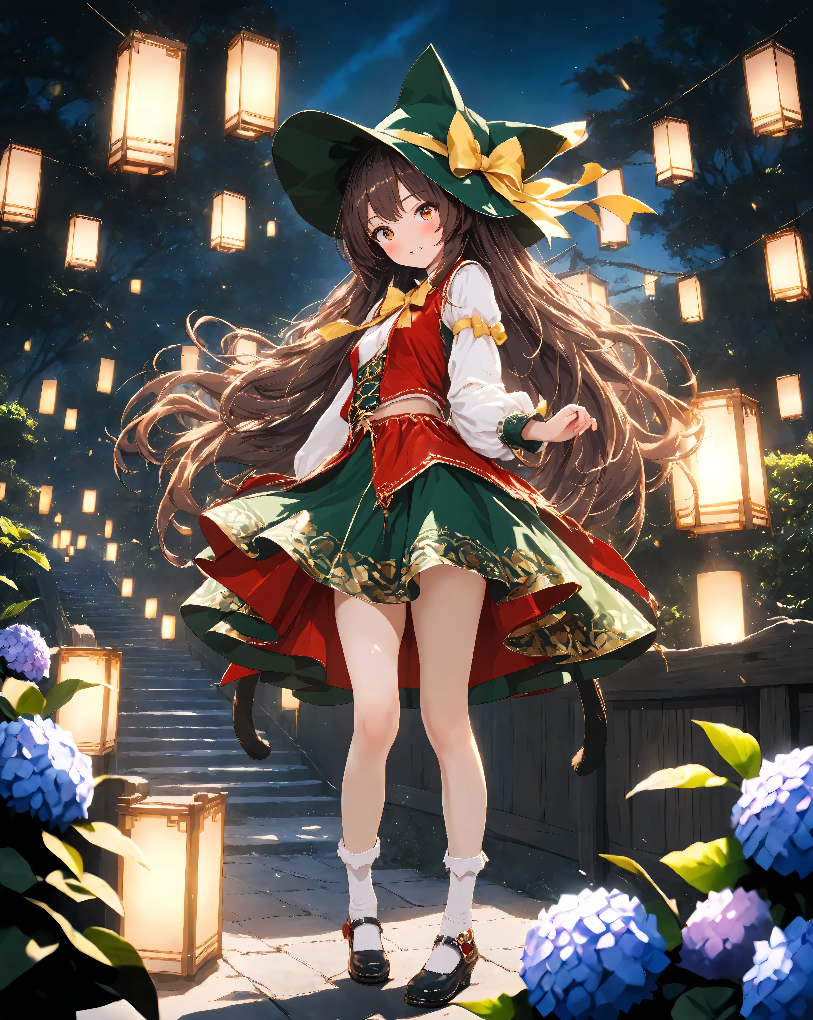 Quality:
high score, (masterpiece, detailed:1.2), ultra-detailed, ultra-quality, super-resolution, detailed-background,

Art Style: (photorealistic):1.4,(2.5D):1.5, (realistic lighting):1.3, (realistic texture):1.2, (cinematic lighting), (volumetric lighting), (ray tracing), (depth of field), (cell shaded with soft gradients),(bright and cheerful atmosphere),(glossy effect),(shimmering highlights) 

Subject:
(touhou chen):1.5, 1girl, (cute girl), (cat girl), (cat hair), (cat ears), (cat two tails):1.2, (Stylish standing pose):1.3, blush, (childlike joyful grin):1.4, playful expression, 
(short brown hair):1.3, meticulously detailed strands of hair, silky smooth texture, flowing like it flutters in the wind, natural shading and highlights, 
(brown eyes):1.2, (detailed vivid eyes),(healthy glow), small pupil, small breasts, petite, short stature,  (smooth and slender body lines):1.3, graceful knee lines, natural and beautiful leg lines, delicate body contours,

Clothing:
(touhou chen's outfit):1.5, (red velvet vest):1.4,(with intricate gold floral patterns):1.1, (attached to the vest yellow ribbon):1.1,(elaborate bow on chest):1.1, (white silky shirt):1.2, (long sleeves):1.2, (green hat with cat ear accents):1.2,(red skir twith white ruffles):1.2, (two tails peeking out from under a skirt):1.2, white socks, brown mary jane shoes,

Background:
(traditional Japanese garden):1.2, (shrine):1.1, (forest):1.0, (hydrangea):0.8, (night sky):0.7, (glowing lanterns):0.8, (moonlight), (fantasy setting):0.7,
