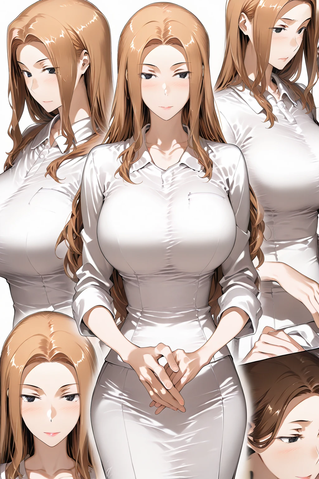 ((Masterpiece, Highest quality)), Detailed face, CharacterDesignSheet,full bodyesbian, perfectly proportions,Full of details, Multiple poses and expressions, Highly detailed, Depth, Many parts,Beautiful teenage girl,Suits,lacepantyhose,Light pink pupils,epic exquisite character art,Natural light