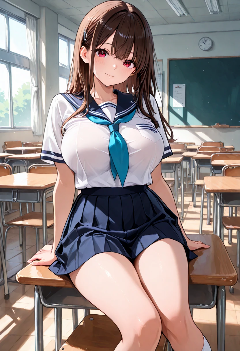highest quality,masterpiece, High resolution, 8K, detailed background、Beautiful teenage girl、(1 woman),cute hairstyle、cute hair color、perfect body、huge breasts、sexual expression、white sailor suit、Light blue sailor color、(Light blue pleated skirt)、bright colored knee high socks、classroom、thick thighs、sitting、She gets angry and lifts her skirt to show her panties.