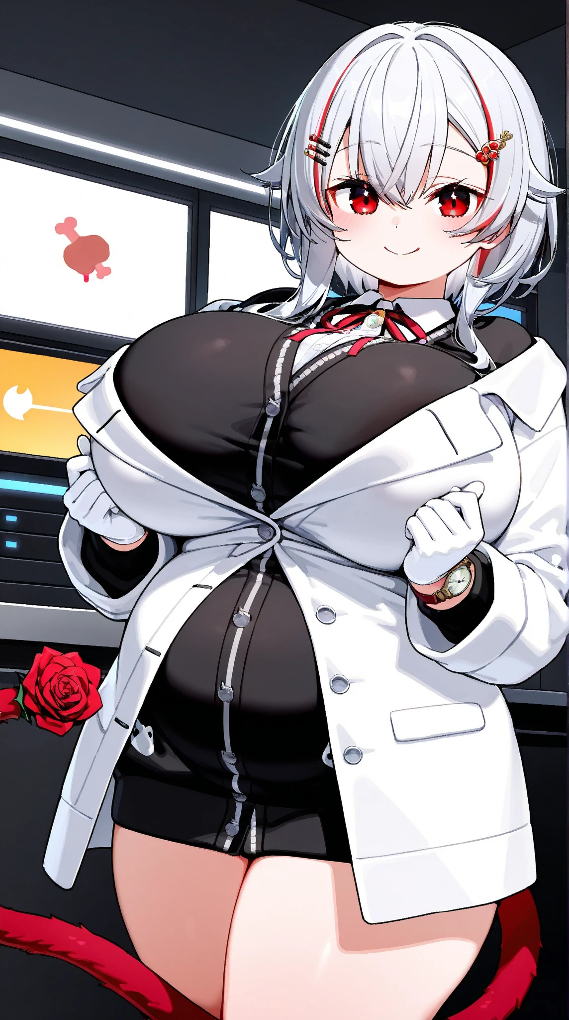 masterpiece , best quality , 1 sexy girl , (1 goose:1.2) , lab coat, doctor's white robe , (covered nipples:0.9) , (gigantic tits:1.2) , (thick arm:1.1) , thick thigh , gigantic hip , (white hair:1.1) , (plump:1.1) , surrounded by sci-fi machinery and monitor , (black glasses:1.1) , (evil smile:1.1) , (holding red crystal orb:1.2) ,
