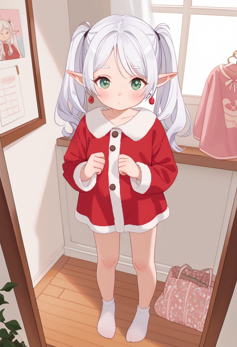 Frieren is a tall, slender elf with pale skin and long, platinum hair that falls softly over her shoulders. Her eyes are large, deep blue, and her face conveys a serene calm, but also a certain melancholy, short , christmas clothes, dressed as santa claus, ,small ,), ((no shoes)), shy, best quality, graphite \\(medium\\), sketch, gradient, rainbow, note, line draft, high resolution, absurd, (ultra detailed:1.1), (illustration:1.1), (infographic:1.2), pajamas, (all clothing settings:1.15), (solo), perfectly drawn hands, standing, cohesive background, paper, action, (character design:1.1), black velvet cheongsam, photo_unp, fll, twintails, 1girl, pointy ears, round face, white hair, green eyes, elf, long hair, earrings,