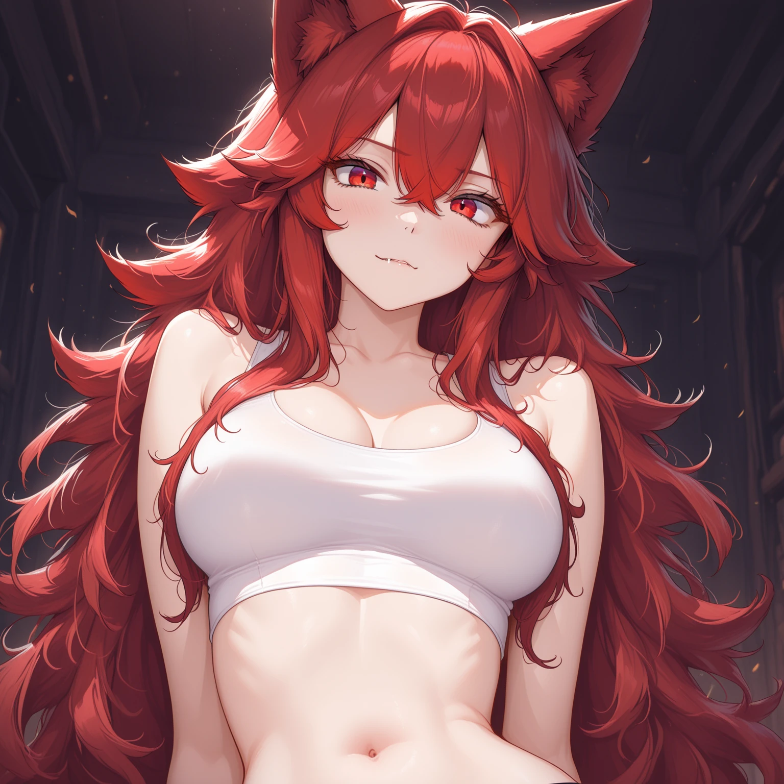 ((master masterpiece))、(((The Highest Quality))、An illustration、One Girl、Hair color、bangs、Hairstyle Fax、eye、Environmental Change Scene、Portrait from the waist up、Pose Jitai、Ladies、Cat Ear、Red hair、Red eyes、slong hair、Extremely small-sized breasts、MICROBIKINI、Slingshot Pants、Underwear with lace decorations、Upright posture、Torn Clothes、smilling face、Emphasize the chest with your hands、(simplebackground、white background:1.3)