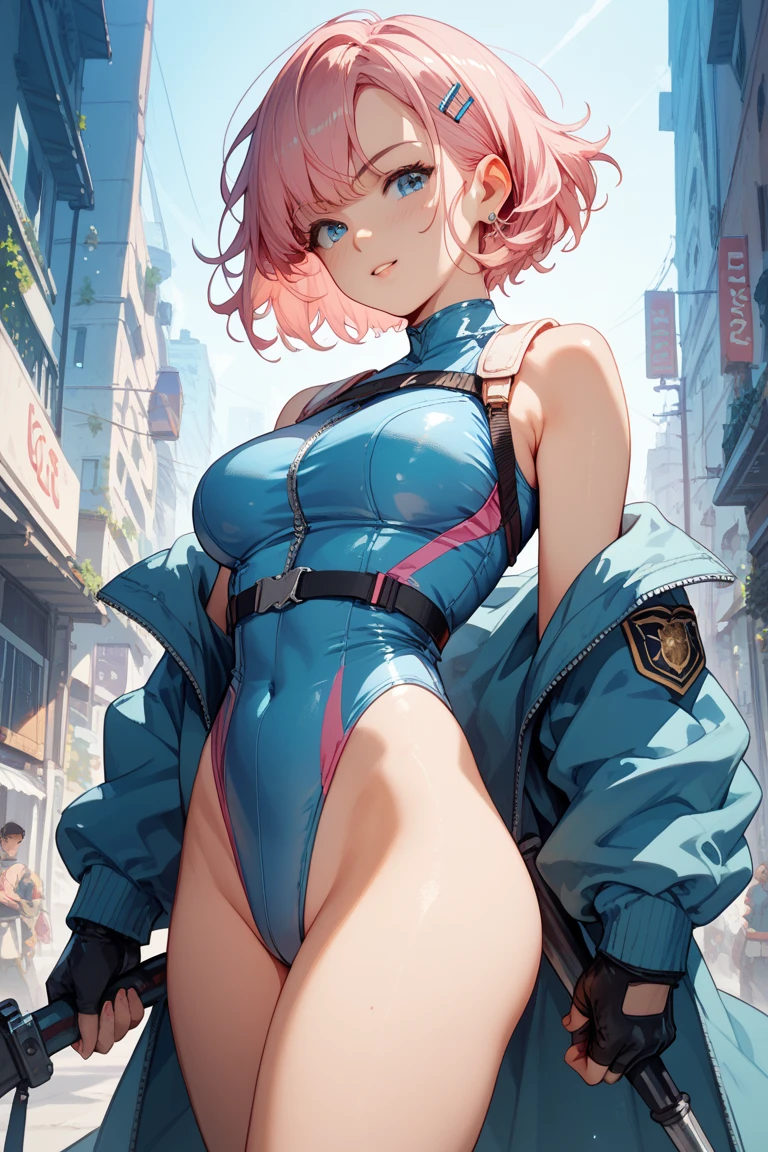 ultra-detailed, Explicit, Beautiful body, Beautiful Nose, Beautiful character design, perfect eyes, perfect face, ultra highres, 4K, beautiful legs, perfect legs, Nice hands, Perfect hand, Masterpiece, Best Quality, Highly detailed, illustration, absurdres, perfect anatomy, street fighter, doll suit, shadaloo doll, dollsuit, expressionless, blank eyes, looking at viewer, red gloves, emotionless, black latex, corrution, mind control, female combatant, full body, hypnotized, unhappy trance, full body suit, ribbed bodysuit, both arms at side, obey, perfect female body, extremely glossy latex, hypnosis, hypnoLora, empty eyes, Mind control device, poses, submissive_pose, Slave, standing straight, standing, standing at attention, hat, necktie, belt, latex, ribbed bodysuit, thighhighs, garter belt, Fighting Stance, extending the right arm from the shoulder into the air with a straightened hand, military, thigh boots, 1girl, hair ornaments, pink hair, short hair, pink eyes, (((pixel-perfect, detail-perfect))), solo, 1girl, CyberTutu, YU-GI-OH!, visor