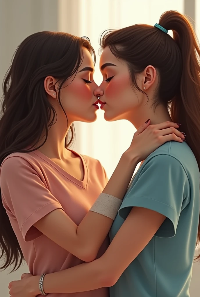 (Highest quality、4K、8k、High resolution、masterpiece:1.2)、Very detailed、(Genuine、Realistic、Realistic:1.3)、Two Women、White European、Stylish clothing、Kissing on a street corner