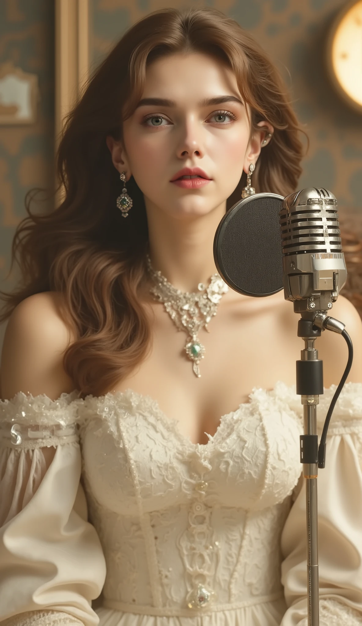 half-broken cyborg podcast woman, beautiful young woman ,portrait,Sitting,Studio Setup,microphone,Headphones,Podcasting equipment,4K,high resolution,Photoreal,Professional lighting,cinematic,Warm Tones,Soft Focus,Detailed Facial Features,Thoughtful Expression,elegant style
