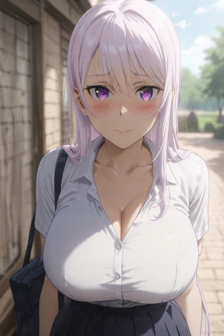 masterpiece, ((naked)), ((school uniform)), nectie, (best quality), skirt, (solo), 1girl, reona, silver hair, purple hair , long hair, purple eyes, sexy woman, hair between eyes, hair ornament, vibrant colors ,natural lighting, RTX, (huge tits), (detailed face:1.2), (perfect eyes:1.1) ,(photorealistic:1.1), 8k uhd, looking a viewer, outdoors, simple backround, smile,