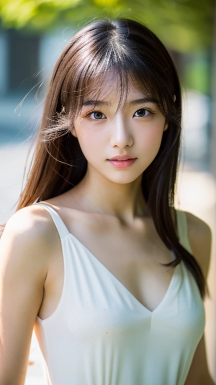 1 young girl, so beautiful, (smile), very clean, beautiful face, beautiful eyes, (((cropped shoulders,chest is very loose))), beautiful big breasts, bare shoulders, No bra, mini skirt, machine whole body, (highest quality:1.4), 8K resolution, 超High resolution, (realistic, High resolution:1.4), RAW photo, (realistic, realistic:1.37), professional photography, cinematic light, (detailed face: 1.2),