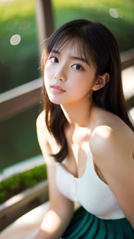 Lens: 135mm f1.8, (highest image quality), (beautiful 14-year-old Japanese girl), (moist lips), slender eyes, double eyelids, delicate collarbone, flat chest, short cut, (Let's look at it again), (close:1.4), Embarrassment, faint smile, (spotted sunlight: 1.2), profile lighting, (school uniform, half-naked), (tanned skin: 0.2), full body photo, full body focus, front angle