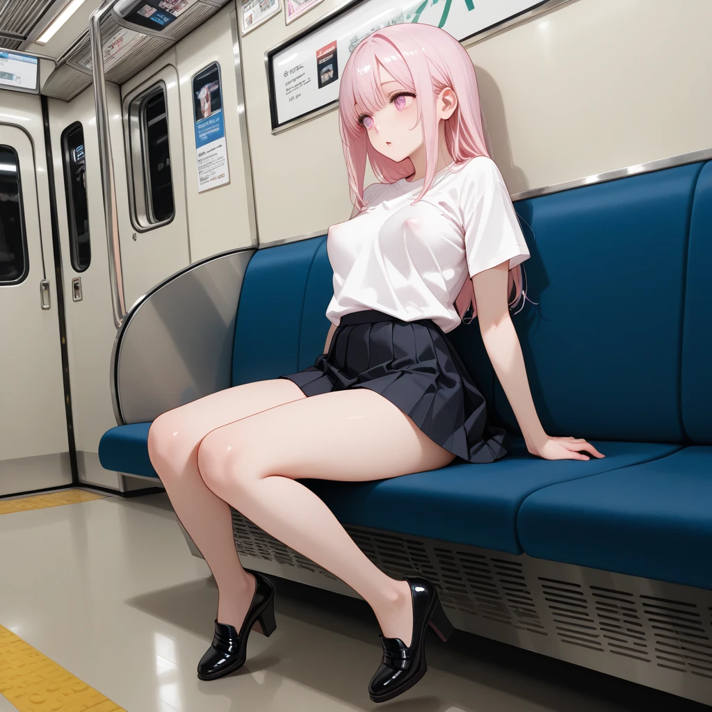 Transparent hair、hime-cut、Golden Eyes、eye glasses、ssmile、early teenage girls、flat chest、Thin pubic hair、Beautiful open legs、In the car