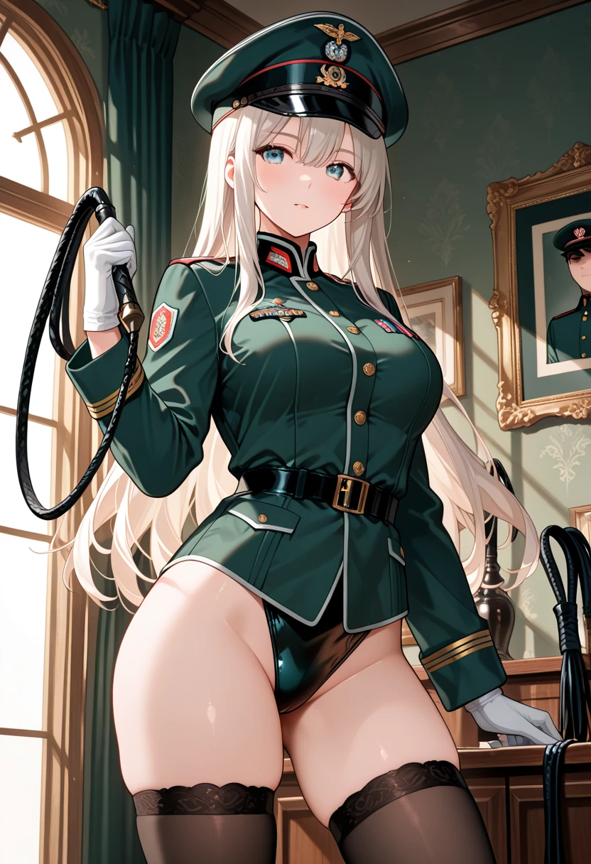 One Woman、A large number of people、Beauty、uniform、military base、Female Officer、crowd、緑のuniform、beret、Tight Skirt、Military personnel、30 years old、Looking down at the viewer, long hair、Bangs, Highest quality, Focus on the thighs, smile,panties、Plump thighs、Big Ass、Big 、 Black Hair,My thighs are steaming between the legs 、ムレムレのKnee-high socks、Knee-high socks、Angle from directly below、Holding a whip、crowdを誘惑する、Acme convulsions、Obscene sound effects、Naughty sound effects