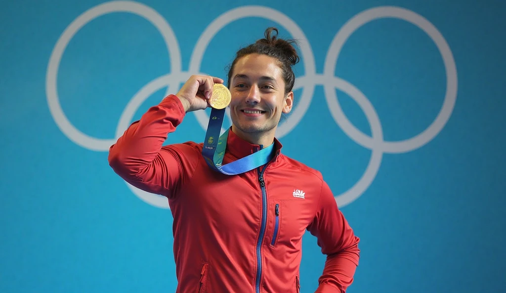 On the podium indoors,A contestant,Waving,champion,panoramic lens,4K,middle aged man,short detailed hair