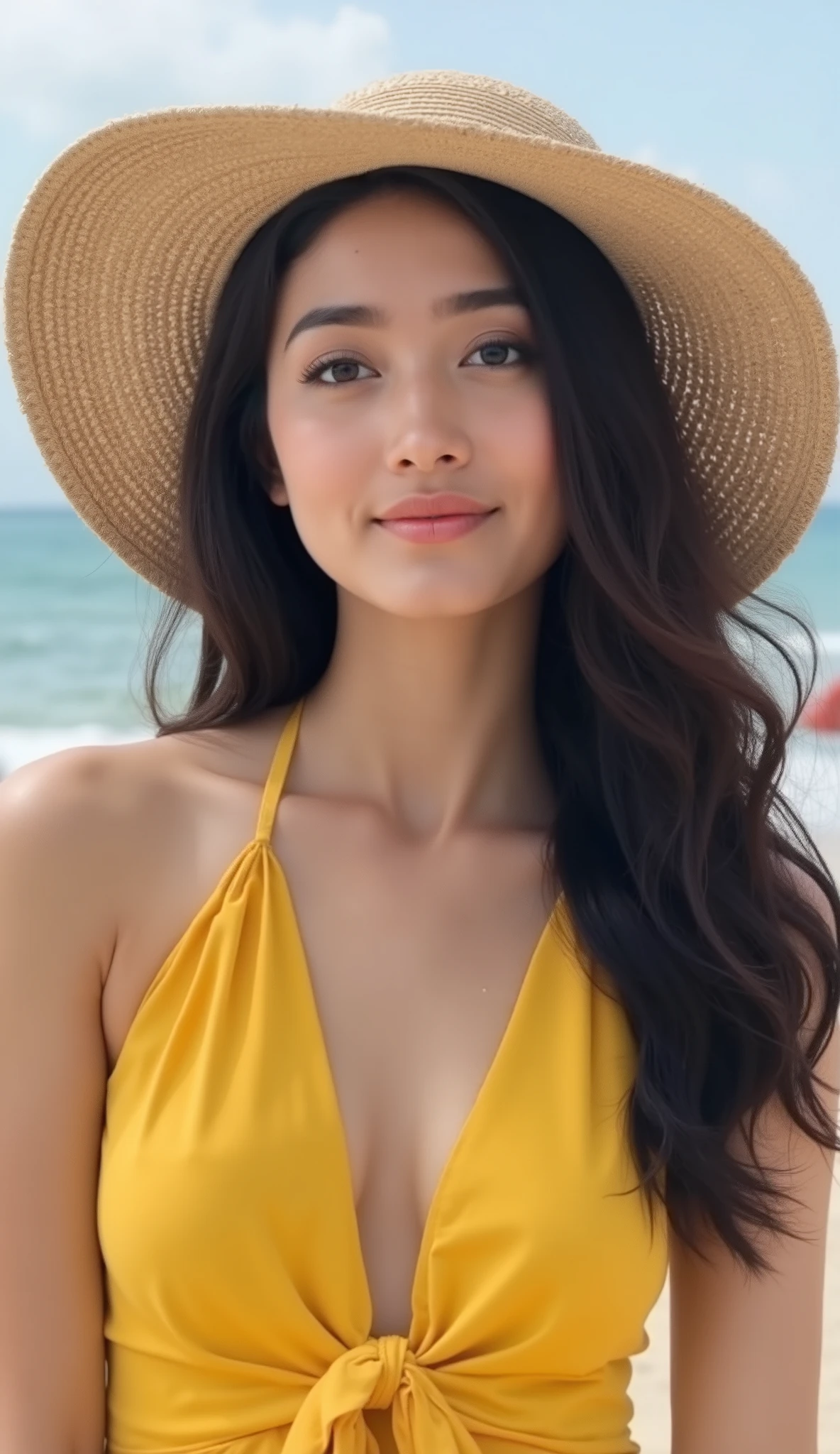 A beautiful Indian girl, 20 years old, fair skin, long black hair, big almond-shaped brown eyes, slim figure with medium-sized breasts, heart-shaped face, soft natural makeup, natural body proportions, ultra realistic, high detail, photorealistic, full body, consistent face, same character,full body,wearing a yellow halter neck dress, holding sunhat at beach