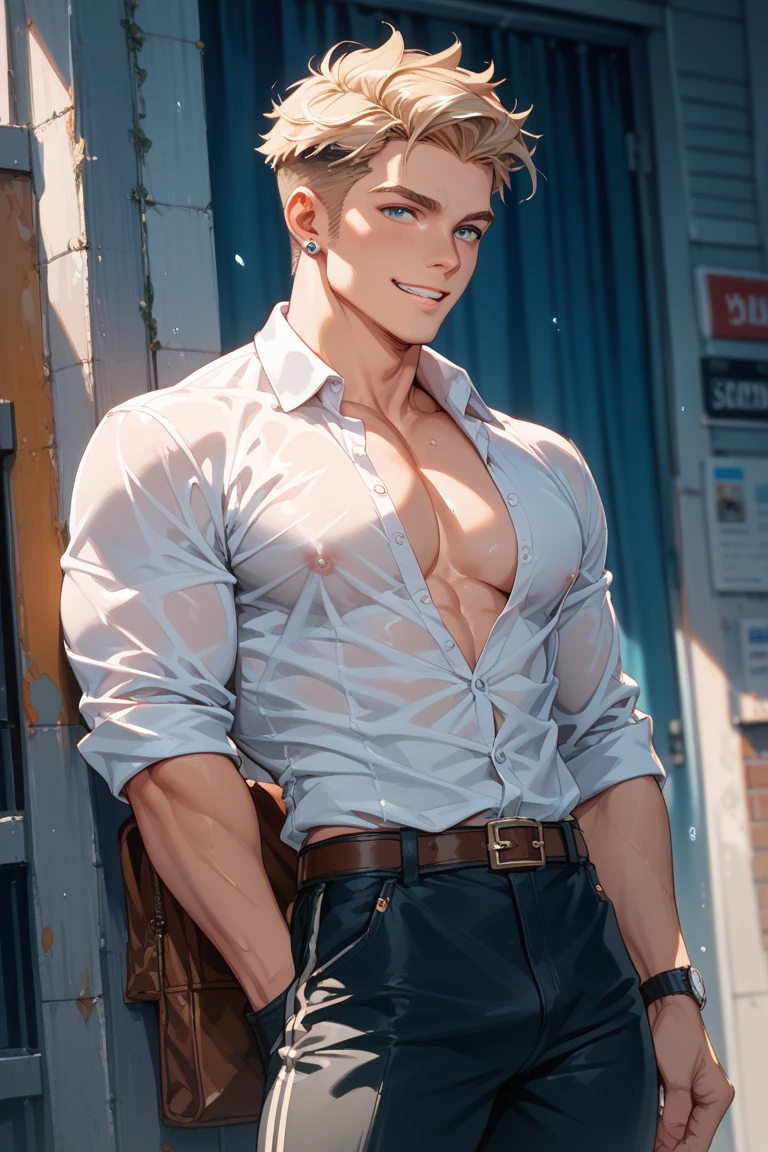 Drawing of a young Chad, Dark blue suit, White shirt,Pants, Looking at the camera, male,Silver short hair,Blue Eyes,muscle,bodyguard,Wearing black headphones