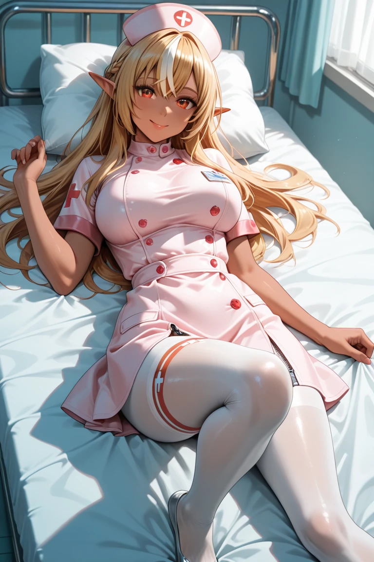 (masterpiece),(highest quality:1.2),1 girl,(Masseter muscle part:1.3),exquisite details, highest qualityの8K解像度, super detailed, realistic, Bright colors, soft tones, With warm and gentle lighting, (pink nurse uniform:1.3), (blonde shoulder length hair:1.5),(middle parted braid:1.3),(shining hair),(blue eyes:1.3), big breasts, white skin, Barrette, (hospital room:1.3), (NFSW:1.4), (Sit with your legs spread:1.5)