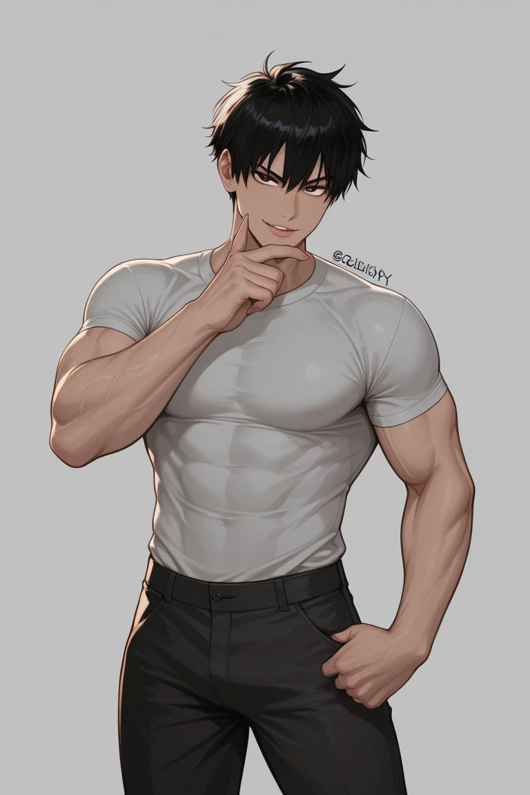 Detailed black hair boy, detailed blue eyes, muscular, sexy,wearing white shirt and short shorts