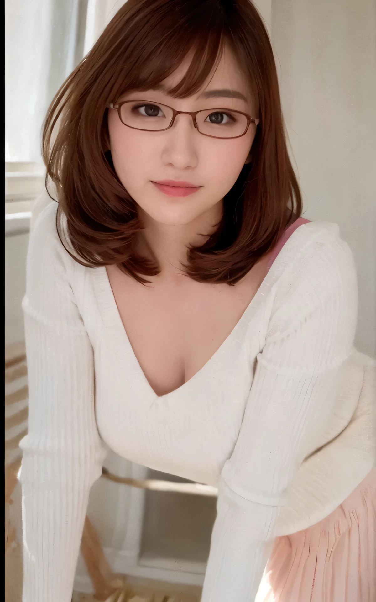 japanese, solo, brown hair, bangs, smile, (hostess makeup), dynamic angle, high res, (photo realistic:1.2), (highly detailed:1.1), desk, large and soft chest, Tight blouse, office chair, (computer) ,detail brassiere, delicate background, bokeh, professional lighting, physically-based rendering, (cleavage), (Classy glasses:1.1),