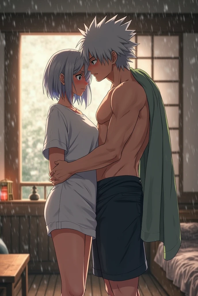 tmasterpiece, Best quality, high high quality,  1 boy,10years old, , Duo, malefocus, Full body lesbian, looking at viewert, White hair,Spiked hairstyle, Short hair details, Steam fumes, japanese-inspired,  anime coloring, the shy, MUJI home style, Detailed faces, Bare-chested, White towel tied around waist,White silk, While bathing