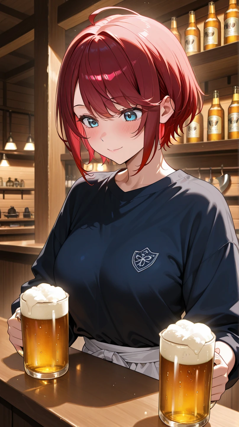 mature 1 woman, alone, drunk, perfect anatomy, attractive, large red eyes, short red hair, rendered eyes, detailed eyes, wearing black off shoulder top, plaid skirt, symmetrical face, smirk, blushing, lusty, (perfect face), in a Japanese bar, buying beer, behind bar counter, drinks on counter, sushi on plates, 2 on counter, simple background, dark background, dark atmosphere, 8K, perfect quality ,masterpiece, high quality, very high resolution, shot straight