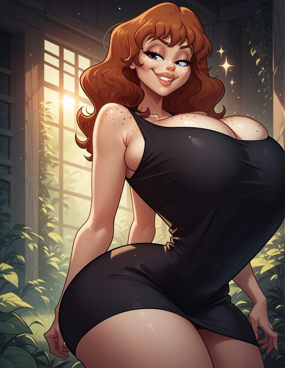 ((comic style)), beautiful 18-year-old age girl, (blue eyes, bright, big eyes), (juicy, full lips), shoulder-length hair, curly and red, big thighs, mole on her chest, ( sagging breasts, natural breasts), ((nurse costume, tight to the body, she wears it, very short, her butt is visible)), (with cleavage, low-cut), ((no bra)), without panties, (( she wears black heels, you can see her heels)), ((kneeling, showing her armpits, in the garden, summer afternoon)), sweaty, very red cheeks, opening her mouth