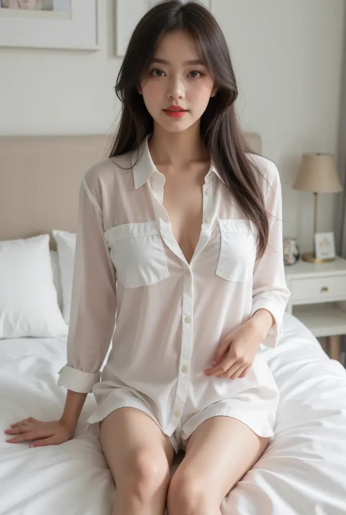(best quality,realistic,ultra-detailed),a sexy and slim 18-year-old French blonde woman in short sleeve jacket, visible leg,sur un lit,