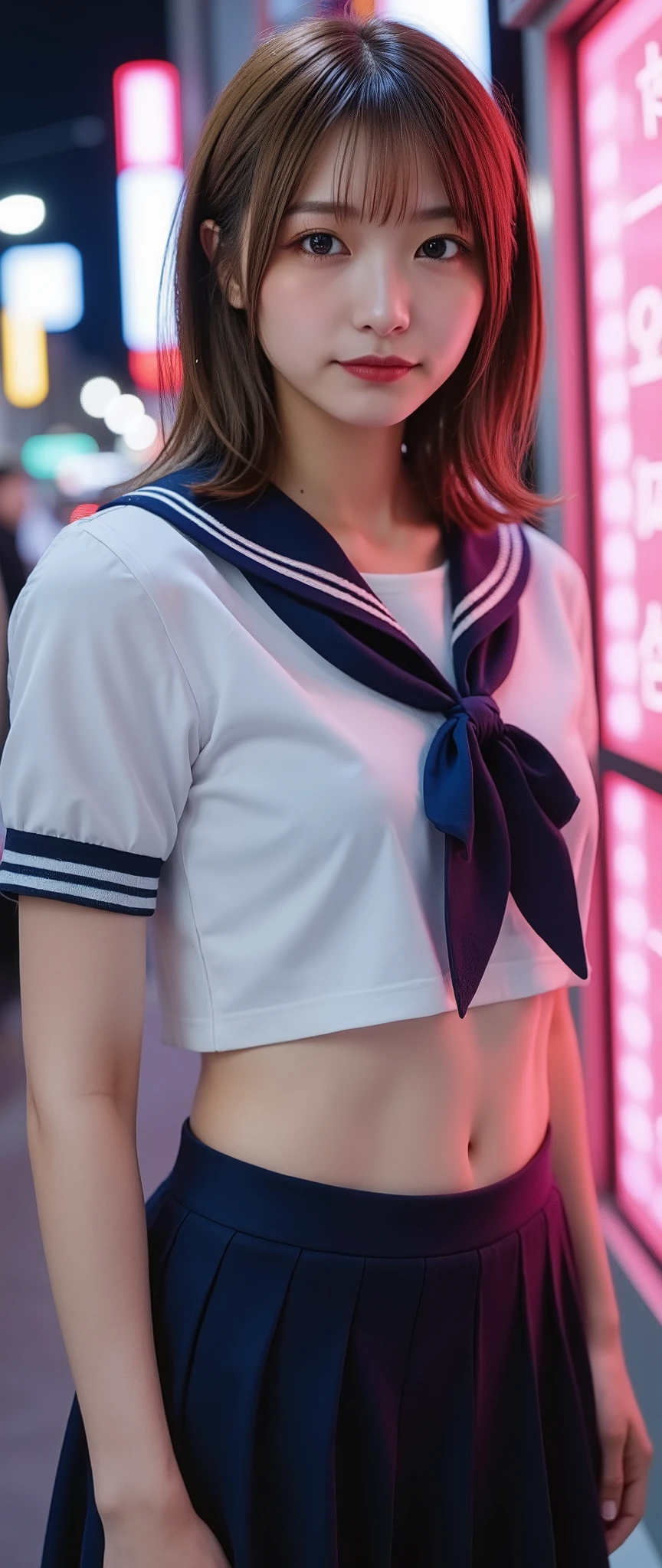 pop art like color :1.37, Extremely cute :1.21, high res pictures:1.21, high quality photos:1.21, High Realism :1.21, (best quality:1.37), 32k resolution, high dynamic range :1.5, very detailed:1.5, Ultra-realism:1.5, huge file size :1.5, masterpiece:1.21, NOISE REDUCTION:1.5, realistic:1.5, RAW pictures:1.5, beautiful Japanese woman , Extreme close-up:1.1, brown hair, straight hair, she is wearing a uniform, traditional sailor uniform from a famous Tokyo high school, white uniform, short sleeve sailor suit:1.21, sera fuku:1.21, I can see my stomach, Navy blue pleated mini skirt , pop neon city background with an eye on the inner corner , Cinema Lighting,