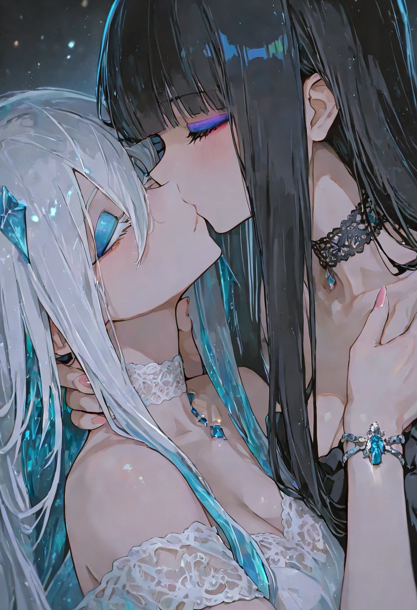 Depth of bounds written, detailed eye, ((CG illustration)), ((face focus)), ((masterpiece)), ((8K)), ((super detailed)), ((Super high quality)), ((cinematic)), ((Photoreal)), ((close up shot)), (solo), (cool girl), very long hair, straight hair, (((thin body))), Glossy skin, ((look away)), (Beautiful goth girl with high cheeks and legs), Gothic makeup, clear eyes, lipstick, dark eye shadow, ((No bra)), choker, earrings, provoke, night, ((full moon)), ((Functional)), Lonely, Visual kei, ((pastel colour)), Unwound clothes, forget, kiss, White Knight, dark, silence