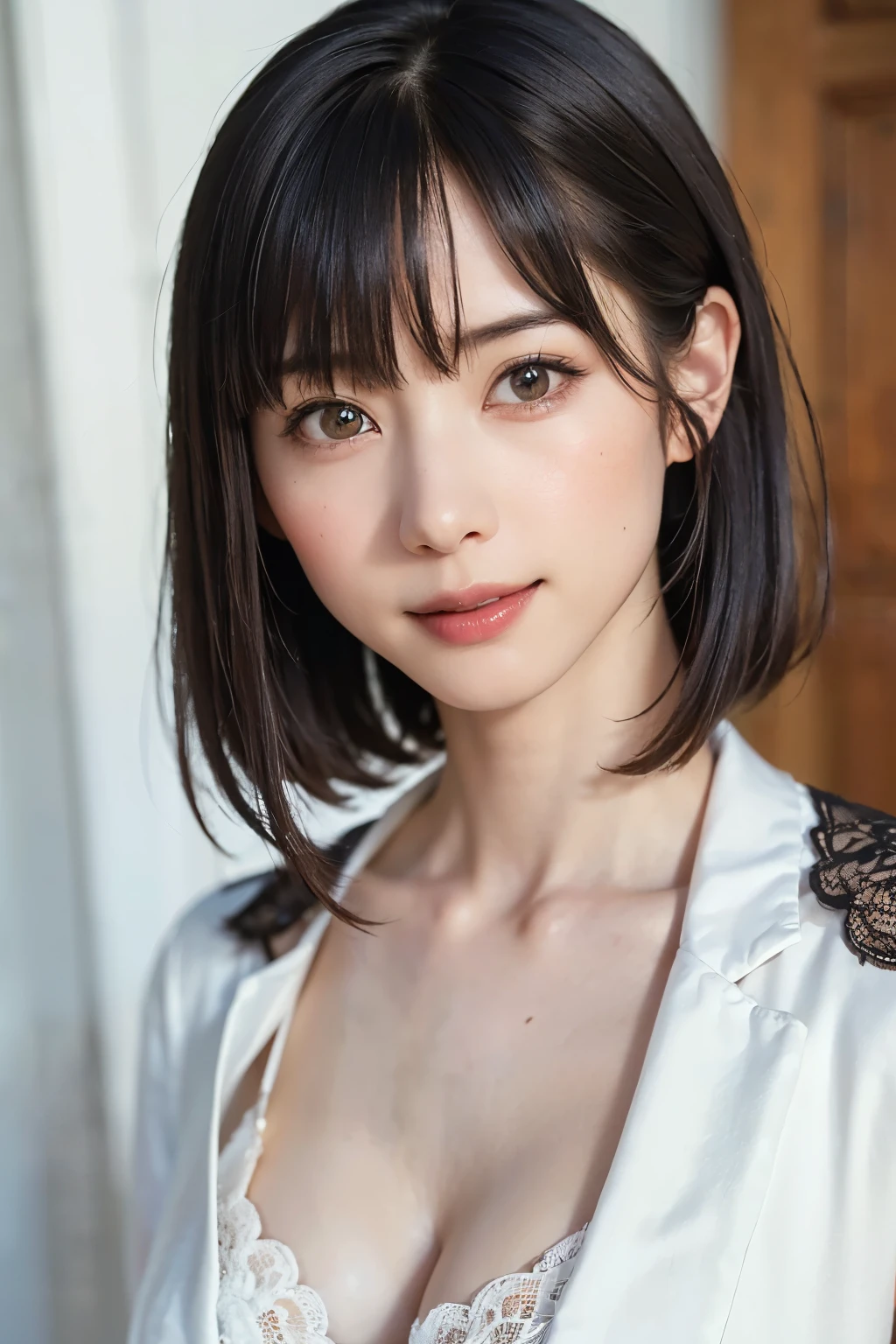 (Tabletop, Highest quality、Very attractive adult beauty、Add strong highlights to the eyes、Look closely at the camera:1.4、A beautiful woman with mature charm、Ideal body type、Perfect Anatomy、Short brunette bob、Shiny Hair、Lip gloss),One Girl, alone, 明るい茶色のShiny Hair, scarf,Realistic, Looking at the audience、Please tilt your head a little, Bright colored crystal light blue eyes, 短いShiny Hair、 chestの中央に穴が開いた白いタートルネックの服,chestの真ん中に丸い穴が開いたセクシーな白いタートルネックのニットセーター、 lips, Lip gloss,prohibit, Upper Body、Big eyes、eyelash、Face is a little red、Embarrassing)、((Italian road system in winter))、((Short hair with bangs、Big eyes、Give students a very strong highlight、{Huge|big|Hugeな|Mega} chest:1.4、very bigger chest、Gazing at the audience、Very beautiful beauty、Listen carefully、Long neck、Laugh a little、Beautiful Teeth、Laughing with your mouth open、Heart-shaped pupils))、28 years old、Very cute supermodel、