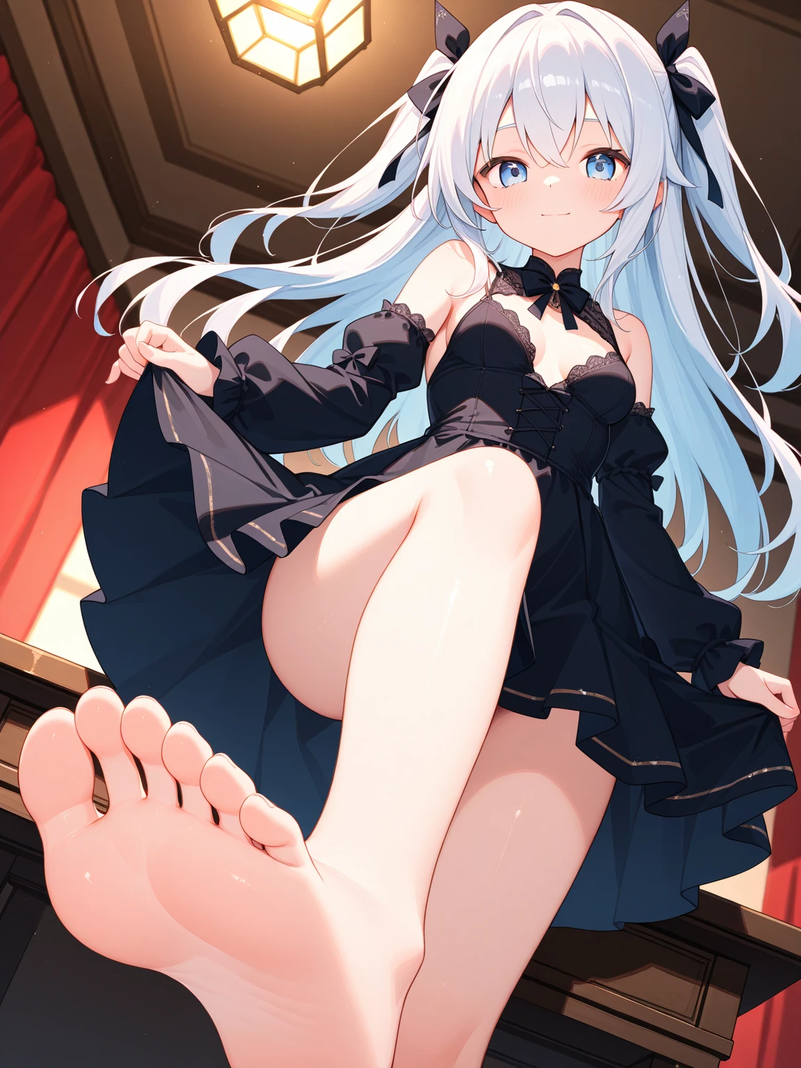 masterpiece, best quality, ultra high res,photon mapping,best shadow,portrait,beauty detail,fantasy, long blonde hair, blue eyes, ultra high detail,medium breasts, short dress, silver dress:2, looking at viewer,solo,feet, foot focus, pov, from below, sole, femdom, sandals, sitting, leash, crossed leg