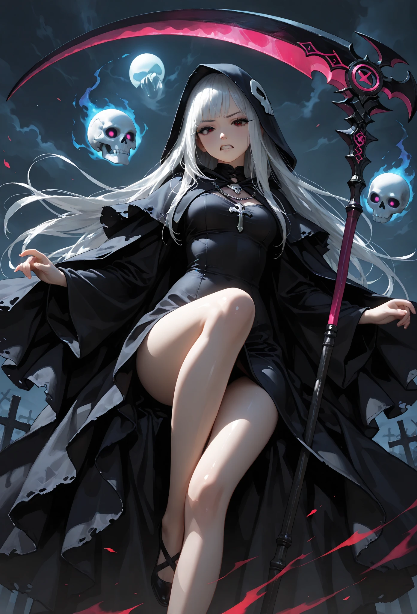 Japanese daemon woman (highly detailed face 1.6), (detailed legs 1.2), (detailed feet 1.2), hourglass body, pale skin, ultra detailed, large breasts, dynamic hair, long straight hair, sitting atop a pile of skulls in a japanese forest, dark, gritty, evil, flames, beautiful image, dark robes with much detail, dark anime, highly detailed, maximalist,