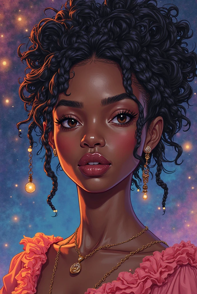 Afro-textured hair, sparkling eyes, dark skin, extreme long curly messed hair, cute jiggly fat round belly voluptuous body, heterochromia eyes, really curly hair, dark skin, round belly voluptuous body, (dan mumford:1.3) cinematic style, girl eating ice cream, candies flying all around her, (correct anatomy:1.2), (nsfw:0.9), gradient lovecraft colors.