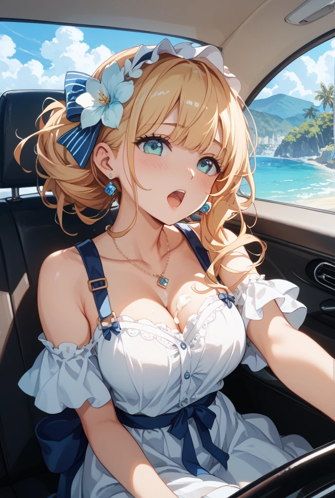 anime of a woman who has a body as white as snow, her name is Chalista, she has a smooth and beautiful face, have a mole on the right cheek, wearing a beautiful and luxurious light blue dress she smiled beautifully and had charming eyes and a sharp nose and pink cheeks and pink lips, blonde hair using luxurious hair accessories and curly eyelashes and thick eyebrows and while riding in a luxurious car and a special long dress that covered up to the neck